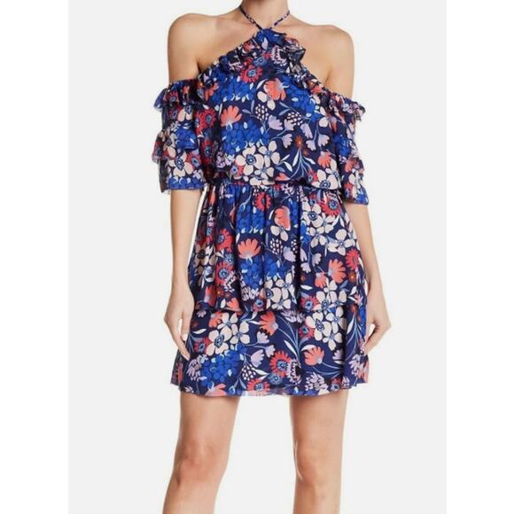 Parker NWT Lorenzo Cold Shoulder Floral Ruffle Silk Short Mini Dress Blue Summer - Picture 1 of 13